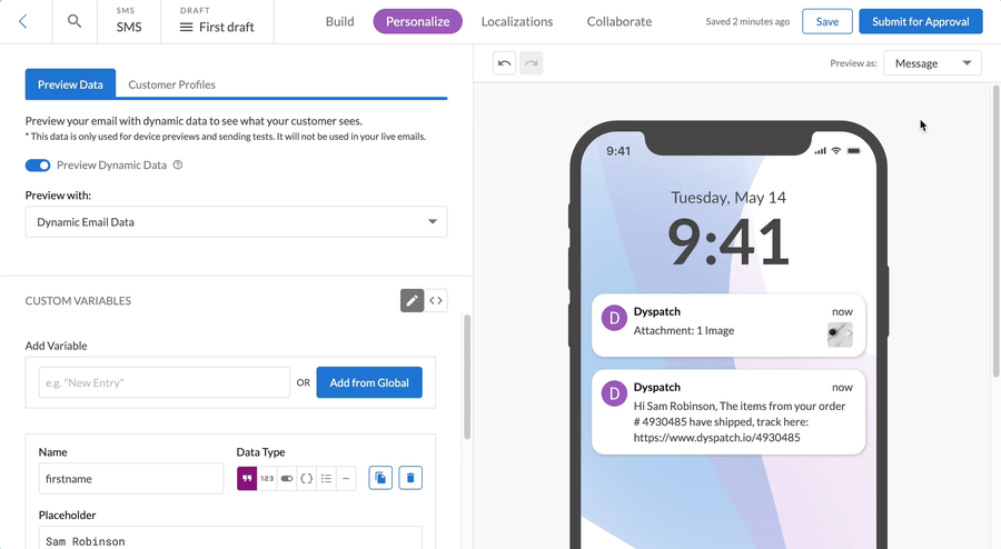 The Dyspatch SMS marketing builder in action