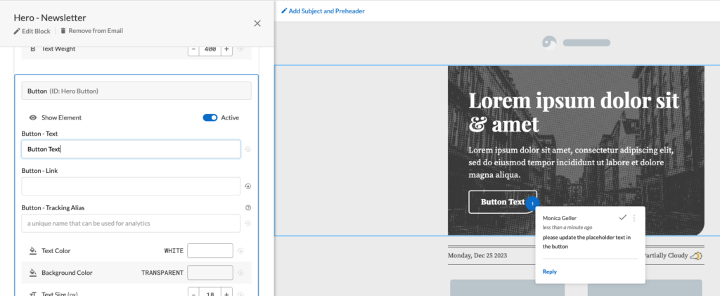 See feedback while in edit mode in the Dyspatch email builder