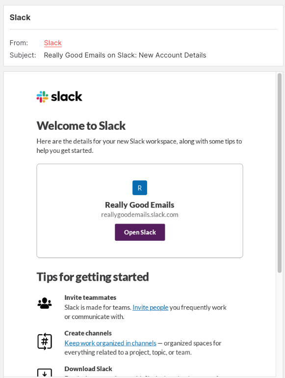 Slack welcome email