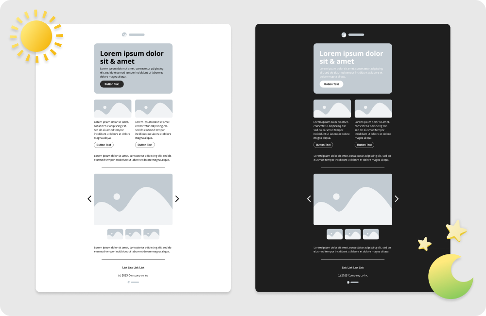 Sample email mockups light mode and dark mode